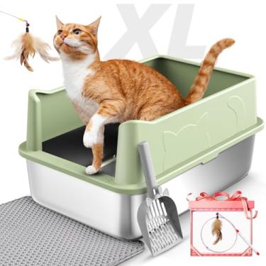 Imagem de Caixa de areia para gatos de aço inoxidável, caixa de areia grande fechada XL para gatos grandes, inclui tapete de areia, colher de areia e brinquedo de varinha de gato, lado alto, fundo de bastão,