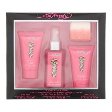 Imagem de Conjunto de perfume feminino para presente por Ed Hardy, 4 peças incluem névoa de fragrância, loção para o corpo, sabonete corporal e perfume para banho