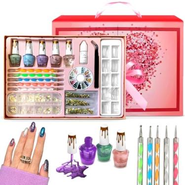 Imagem de CoralBeau Kit de arte de unhas com strass para unhas - Conjunto de presente de esmalte para adolescentes - Acessórios de unha: 4 esmaltes, ferramentas de decoração de unhas, extensões de unha, pedras