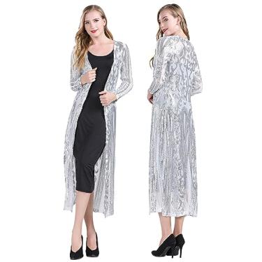 Imagem de Z&X Cardigã feminino com lantejoulas brilhantes dos anos 20 e frente aberta solta manga comprida para festa à noite, 05 Prata, 3G