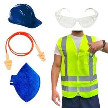 Imagem de Kit Obra Capacete de Proteção Protetor Auricular Óculos Croma Colete Refletivo Máscara PFF2 EPI (Azul, M)