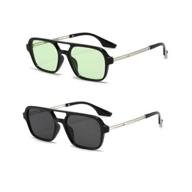 Imagem de Azoxus Óculos de sol aviador quadrado retrô feminino masculino armação pequena moda plástico, Lentes pretas/lentes verdes, Small