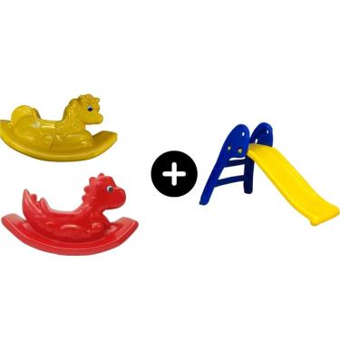 Imagem de Escorregador Baby Infantil Amarelo c/ Azul + Dino vermelho + Unicornio Amarelo para a diversão de meninos e garotos legal brinquedo divertido entreten