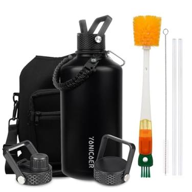 Imagem de YONICOER Garrafa de água isolada de 3,628 g, aço inoxidável a vácuo de parede tripla (pode ser lavada na lava-louças), à prova de vazamento e não BPA, jarro com alça de paracord e tampas de bico de