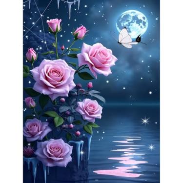 Imagem de Huacan Kit de pintura de diamante paisagem noturna 5D para adultos flores completo AB broca redonda tela DIY com arte de diamante foto cristal strass bordado ponto cruz decoração de parede para casa
