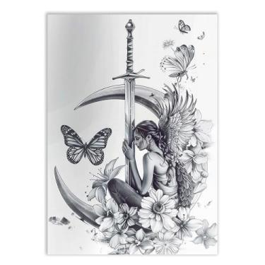 Imagem de Placa Decorativa Fada Mulher Lua Espada Ilustração Decoração Poster Quarto Sala