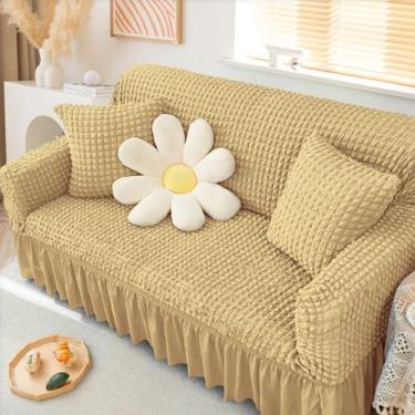 Imagem de KAIJIE Capa elástica para sofá, 1 peça, capa de sofá para 3 pessoas com saia, capa de sofá para sala de estar, capa de tecido jacquard com fundo elástico para cães, crianças, animais de estimação