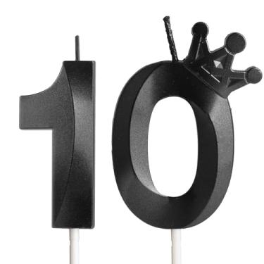 Imagem de Velas de aniversário de 10 anos para bolo, número 10 velas pretas com coroa, design 3D, enfeite de bolo de aniversário para meninos e meninas, festa de aniversário, casamento, celebração, suprimentos