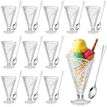 Imagem de SiliFine Conjunto de 24 tigelas de sorvete de vidro para sobremesa, copos de sobremesa waffle de 255 g com colheres longas de chá, milkshakes, copos de sorvete com pés para festa de aniversário, bar