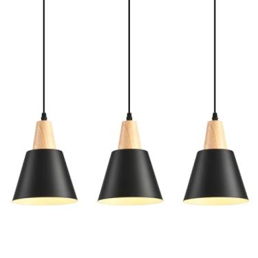 Imagem de IHENGYANLT Pacote com 3 luzes pendentes, luzes pendentes pretas ilha de cozinha, cúpula de madeira minimalista, luzes de teto industriais para ilha de cozinha, celeiro, sala de jantar, sala de estar