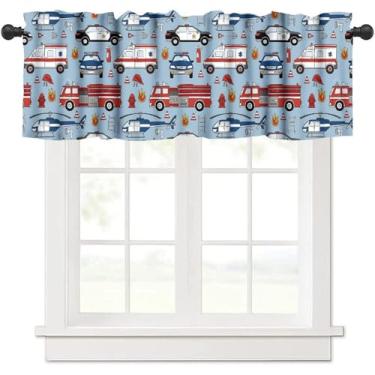 Imagem de Cortina azul com desenho animado para carro, caminhão, bombeiros, ambulância, polícia, helicóptero, bolso para varão, janela curta, tratamentos para cozinha, crianças, meninos, quarto, berçário