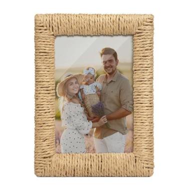 Imagem de Porta-retratos takfot Boho 5x7 natural de rattan com vidro real