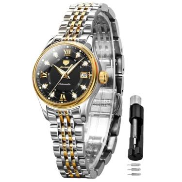 Imagem de OLEVS Relógio feminino automático de luxo diamante automático relógio de pulso fase da lua aço inoxidável à prova d'água mostrador azul luminoso preto