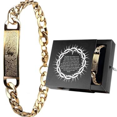 Imagem de Pulseira Masculina Oração Pai Nosso Aço Banhada Ouro autêntico Catolica Moda Masculina Social Casual