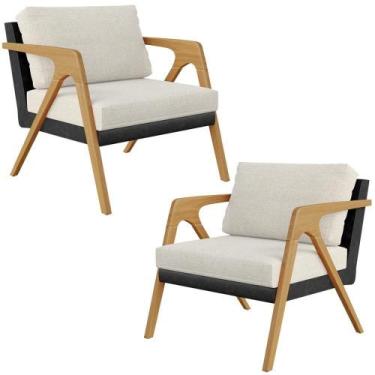 Imagem de Kit 02 Poltronas Sala L02 material sintético Preto Linho Champagne - L