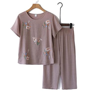 Imagem de ifgswopq Conjunto de pijama feminino novo floral camisa calça pijama terno senhora casual roupa de dormir tamanho grande (3X)