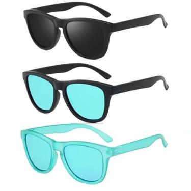 Imagem de Óculos de sol polarizados para mulheres e homens, armação quadrada vintage, pacote com 3, Armação preta lente cinza + armação preta lente espelhada azul + armação azul lente espelhada azul