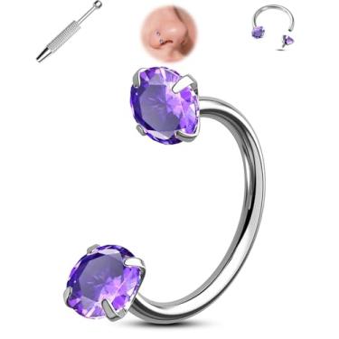 Imagem de Jewseen Piercing de nariz de titânio 20 g de zircônia cúbica dupla para mulheres 8 mm roscado internamente Helix Daith Tragus brinco de aço cirúrgico 316L piercing de septo para mulheres