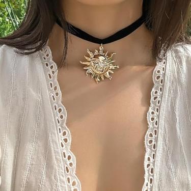 Imagem de Colar com pingente de sol dourado vintage com pingente de girassol em tecido de veludo preto corrente de pescoço elegante joia feminina presente