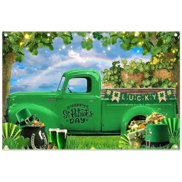 Imagem de YCUCUEI Tecido de 3,7 x 2,4 m Feliz Dia de São Patrício Pano de Fundo Verde Caminhão Sorte Trevo Irlandês Moedas de Ouro Arco-íris Fotografia Fundo Festival Festa Decoração Foto Adereços