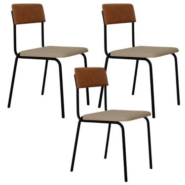 Imagem de Kit 03 Cadeiras Estofada Para Sala De Jantar Sense Preto C01 Linho Areia Courino Caramelo - Lyam Decor