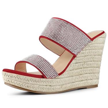 Imagem de Perphy Sandálias femininas plataforma de strass com alça dupla alpargata, Vermelho, 37