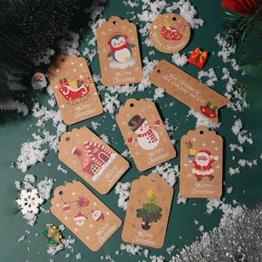 Imagem de 50 etiquetas de presente de Natal com cordão - nome de Feliz Natal para presentes, etiquetas de Natal em massa para presentes, feliz ano novo, papel festivo - vermelho