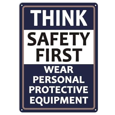 Imagem de Placa Think Safety First Use para equipamentos de proteção pessoal, placa de alumínio resistente à ferrugem de 25 × 35 cm para armazém, local de trabalho, negócios, à prova de intempéries, proteção UV