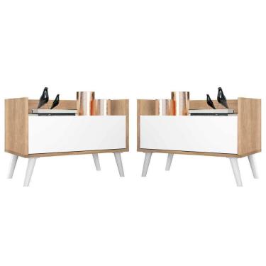 Imagem de Kit Com 2 Mesas De Cabeceira 80Cm Retrô Multimóveis V4002 Rustic/Branca Rustic/Branco