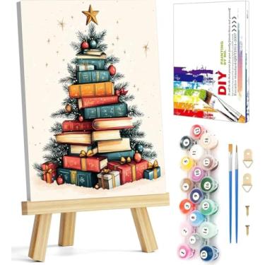 Imagem de Kit de pintura emoldurada por números para adultos iniciantes e crianças de 8 a 12 anos, kits de pintura de árvore de Natal por números em tela com cavalete, kits de pintura a óleo acrílica para
