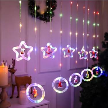 Imagem de Cortina de Luzes LED Natalinas com Miniaturas Decorativas Bivolt - Pisca-Pisca - Estilo Estrela e Círculo - COLORIDO