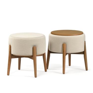 Imagem de Kit 2 Puff Decorativo com Mesa Auxiliar Dual – Puff Multiuso Estofado em Linho para Sala e Quarto(PALHA)