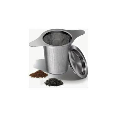 Imagem de Infusor de Chá Tipo Cesta em Aço Inoxidável com Alça de Silicone, Tampa, 7cm Altura x 10,5cm Diâmetro, 50g Capacidade
