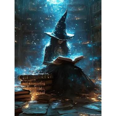 Imagem de UPABLUNSO Kit de pintura de diamante 5D, biblioteca de bruxas, faça você mesmo, kit de arte de diamante redondo completo de cristal, imagem de Dia das Bruxas, Dia de Ação de Graças, decoração de casa