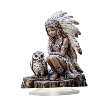 Imagem de Estátua de coruja de menina indiana, ornamento de acrílico plano presente escultura colecionável estatueta nativa americana para festival, feriado, escritório