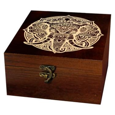 Imagem de arricraft 1 caixa de armazenamento de lembranças de madeira, caixa de memória quadrada com padrão de elefante intrincado de tarô de pinheiro para armazenamento de tabuleiro de joias de aniversário 12