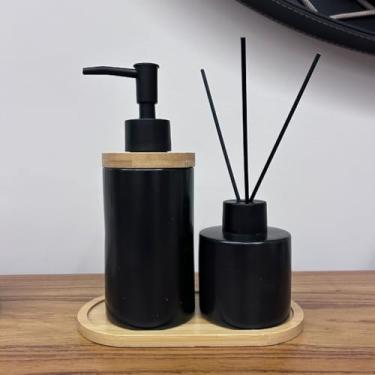 Imagem de Kit Banheiro Lavabo Premium 3 Peças com Saboneteira, Difusor e Bandeja de Porcelana(Preto Liso)