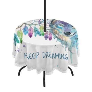Imagem de Qilmy Toalha de mesa aquarela Wolf redonda impermeável de 152 cm com orifício para guarda-chuva e zíper – uso externo / interno resistente para pátio, churrascos, piqueniques, festas (serve para mesas