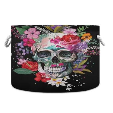 Imagem de JUZIHAI Cesta de armazenamento redonda dobrável para Halloween, 50 x 35 cm, crânio, flor, cesto de roupa suja com alças de corda de algodão para cobertores, brinquedos, berçário, decoração de quarto