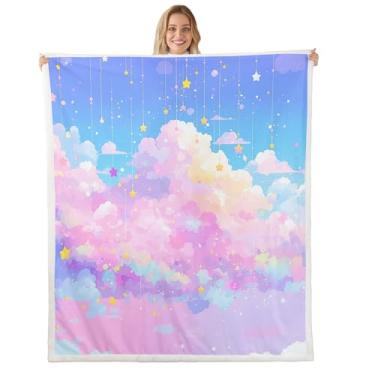 Imagem de jejeloiu Kawaii, nuvem, arco-íris, adorável, arco-íris, lã de ovelha, felpudo, aconchegante, felpudo, quente, estampa de estrelas, felpudo, azul, rosa, bebê, 76 cm x 101 cm, colorido para cama, sofá