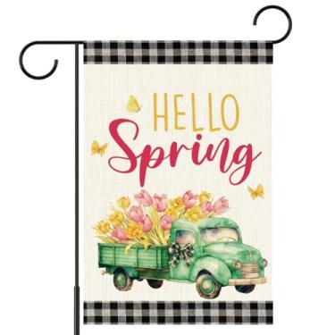 Imagem de Hello Spring Bandeira de jardim 30 x 45 cm dupla face, caminhão floral xadrez búfalo decoração de primavera ao ar livre para pátio quintal gramado