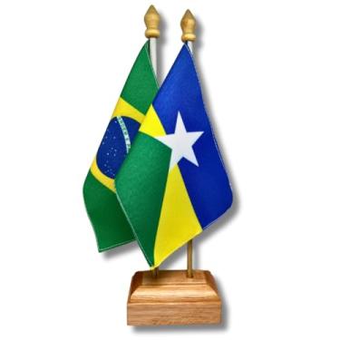 Imagem de Bandeira de Mesa Elegance Brasil e Rondônia, Dupla Face, 19x13cm, Base Madeira 30cm Altura, Oxford, Decorativa, Escritório e Eventos