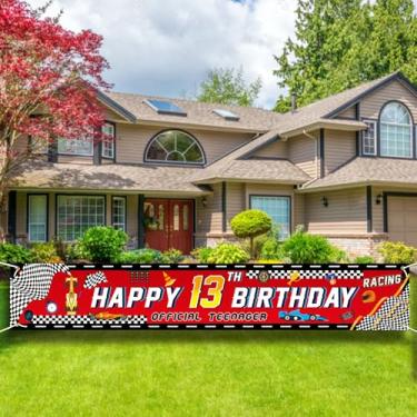 Imagem de Faixa de carro de corrida para adolescentes - faixa de carro de corrida de 13 anos x 4 m, faixa de feliz aniversário de 13 anos, suprimentos de festa de 13 anos para decoração de quintal ao ar livre.