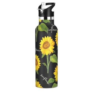 Imagem de Joisal Garrafas de água amarelas, verde-girassol, preto, com tampa de palha, garrafa de água isolada de aço inoxidável para adolescentes e crianças, 590 ml, copos de viagem para crianças