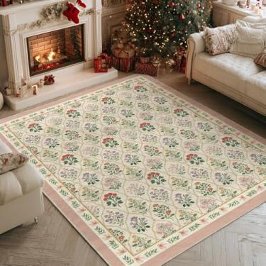 Imagem de Artoid Mode Tapete de área de primavera com flor xadrez de diamante bege, decoração de casa de verão, baixo perfil, antiderrapante, lavável, tapete grande para sala de estar, quarto, casa de fazenda