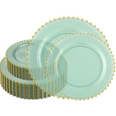 Imagem de PLASTICPRO Pratos de jantar de plástico descartáveis de plástico com 128 peças, pratos de festa resistentes e extravagantes, 17,8 cm e 25,4 cm, verde translúcido e contas douradas