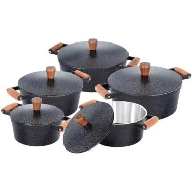 Imagem de jogo de panela de alumínio batido Gimenes com 5 peças cinza craquilado