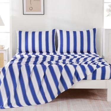 Imagem de MCO Conjunto de lençóis listrados de 4 peças, King respirável com bolso profundo de 41 cm, moderno e luxuoso, conjunto de cama de microfibra escovada (king, azul marinho)