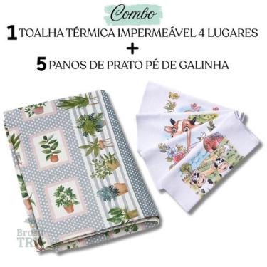 Imagem de Combo 05 Panos de Prato Branco Estampados + 01 Toalha Térmica de Mesa 