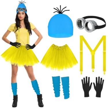 Imagem de Tinyones Conjunto de acessórios de fantasia de Halloween de 6 peças para mulheres, óculos, chapéu azul, saia amarela, suspensórios amarelos / luvas / meias azuis